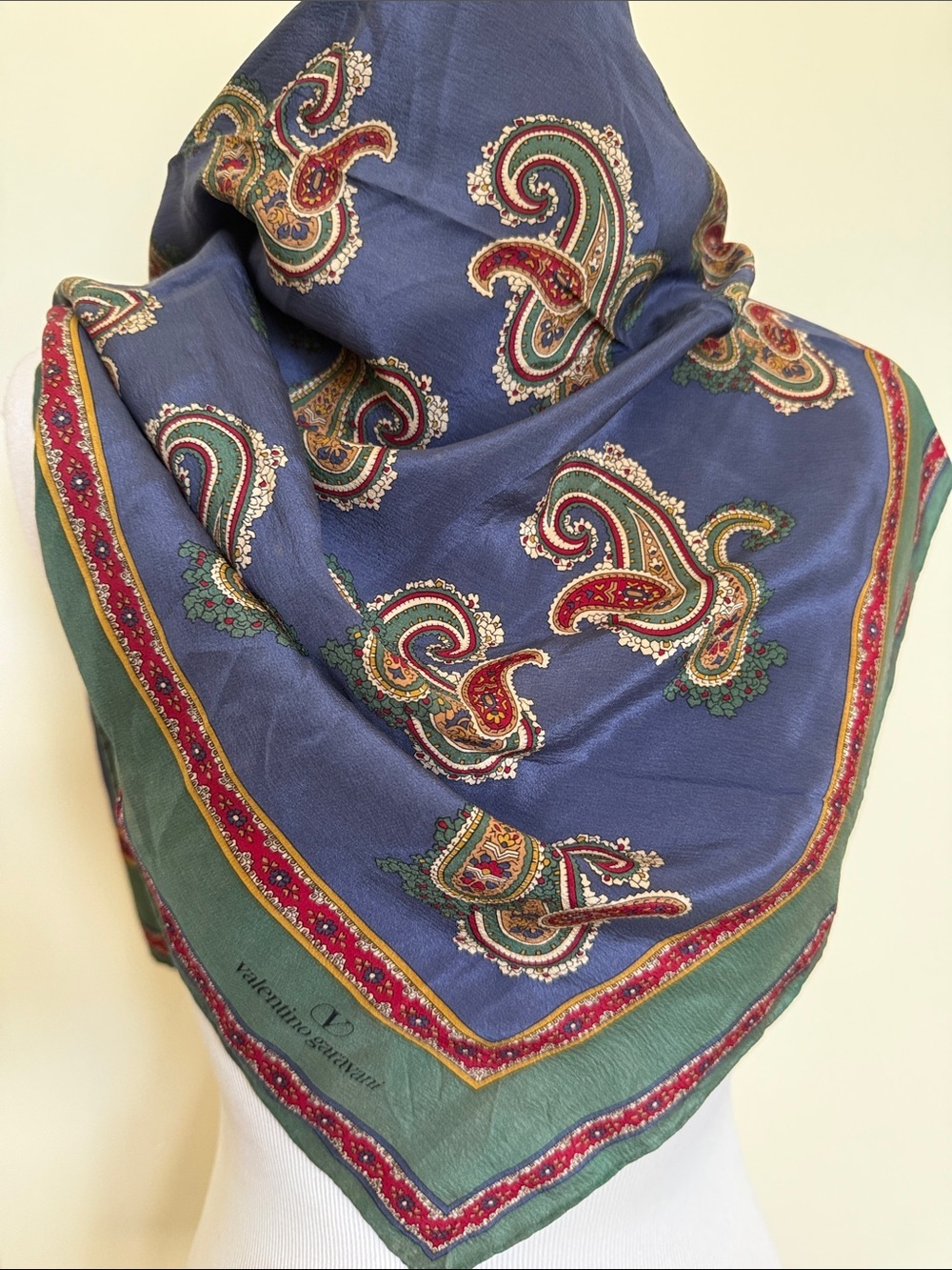 Valentino Garavani Large 31x31 Silk Paisley Scarf Blue Green